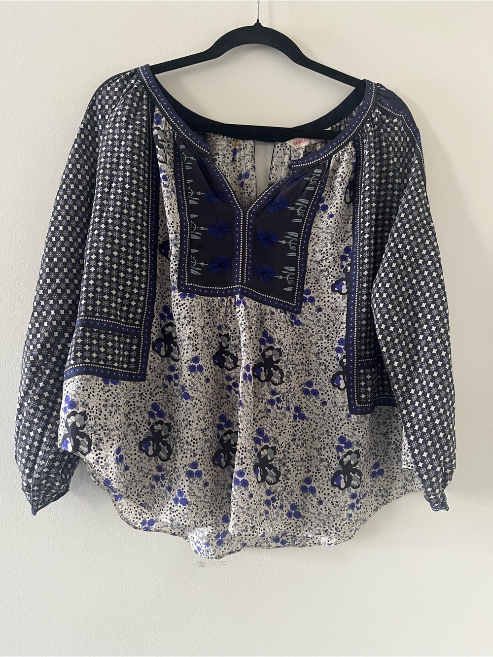 Rebecca Taylor Blue White 100% Silk Patchwork Floral Peasant Top 10 Romantic